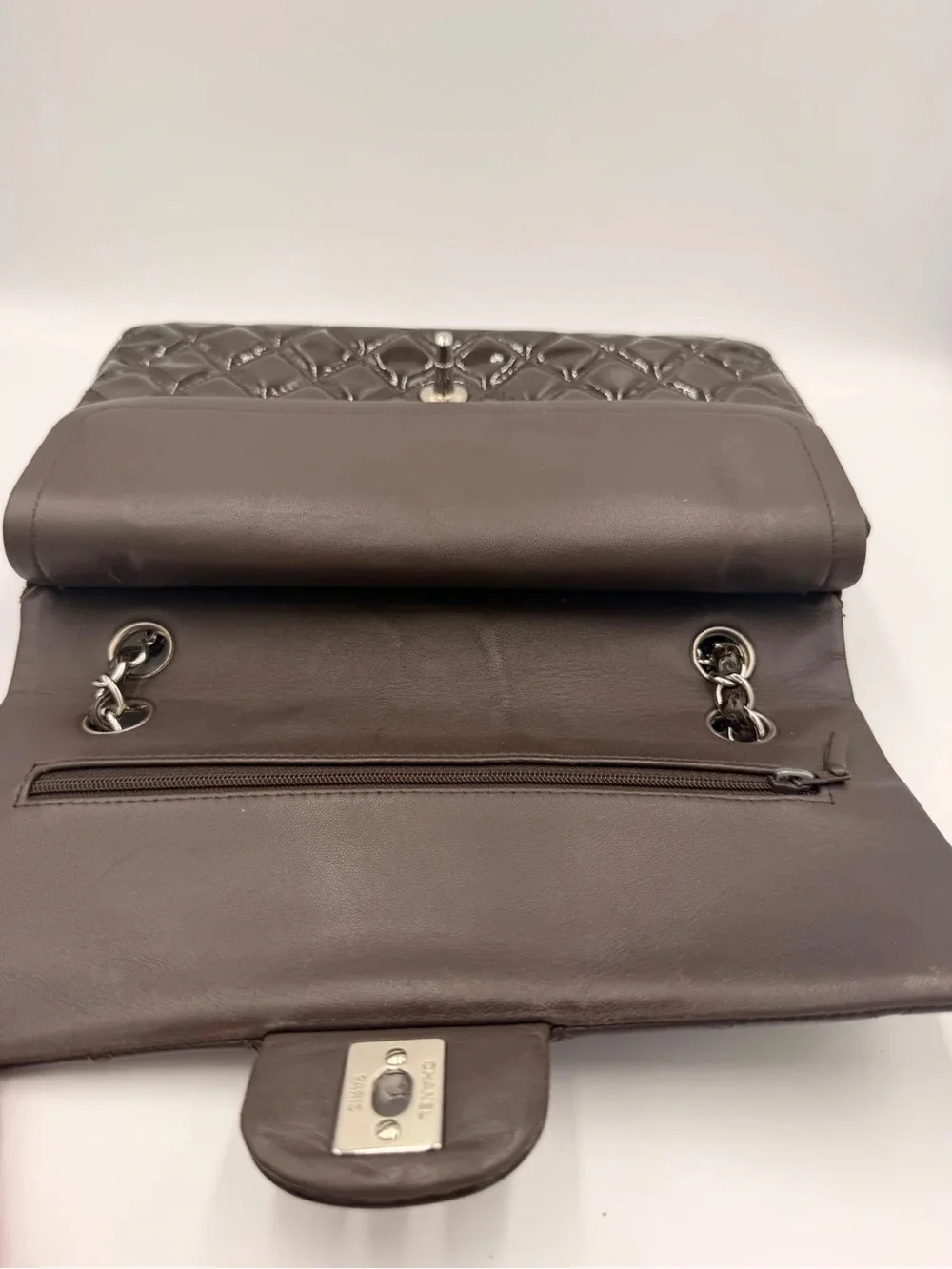 Chanel Classic Medium Double Flap — Dark Brown Patent Silver HW